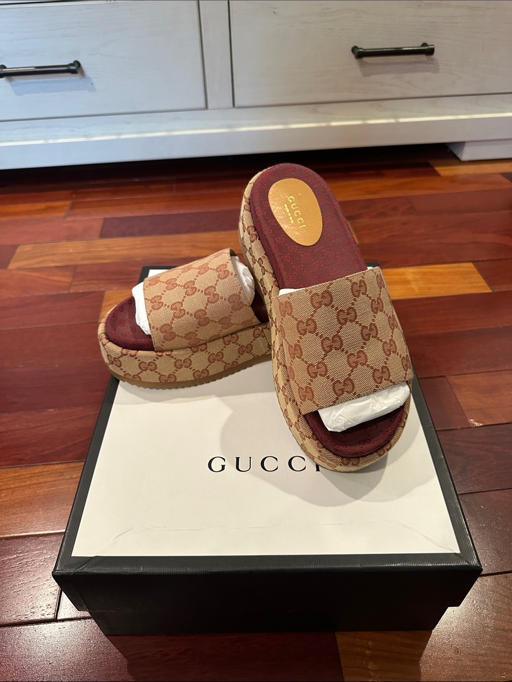 Gucci Beige Monogram Platform Slides with Burgundy Footbed